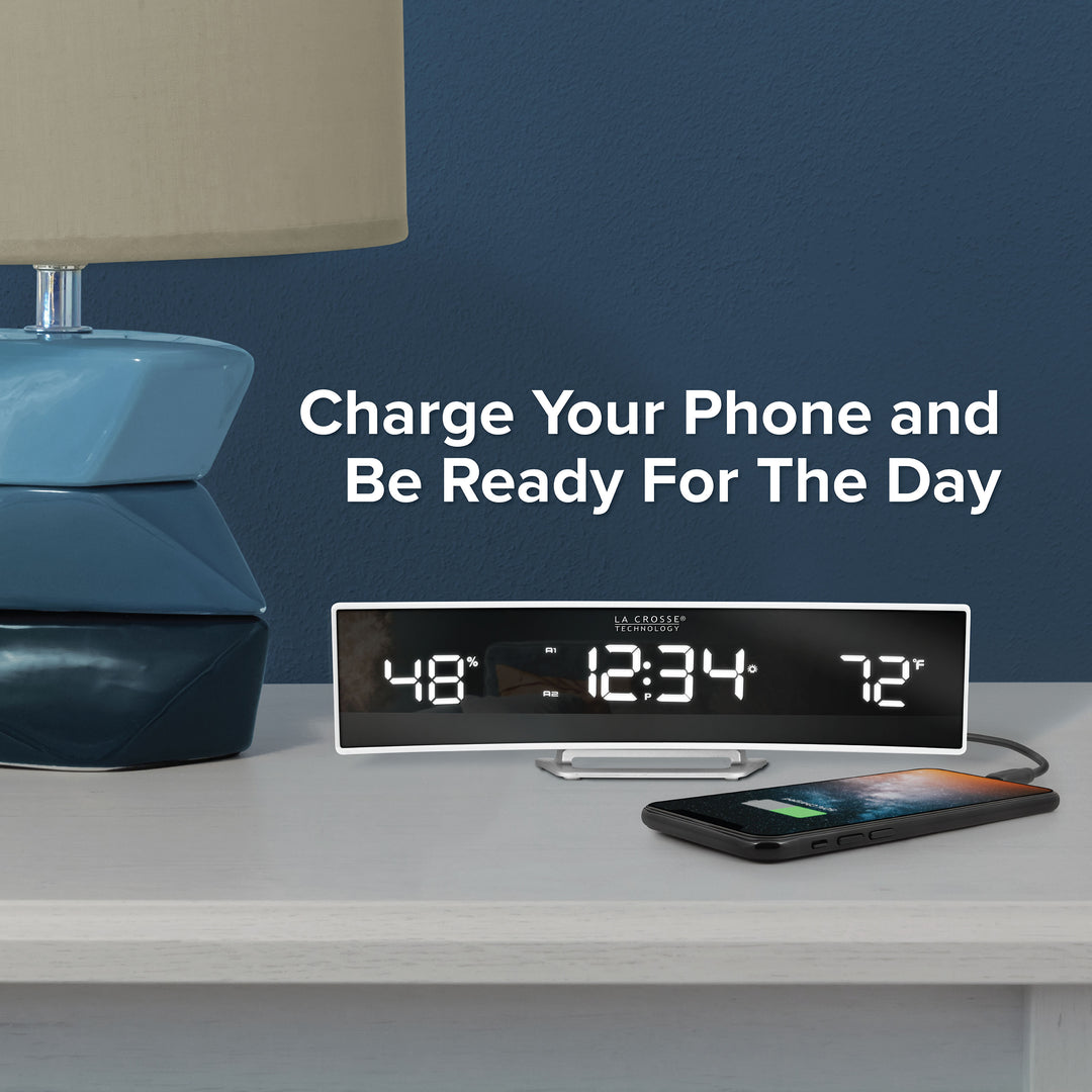 602-247V2 Curved Mirror LED Alarm Clock with Indoor Temp and Humidity