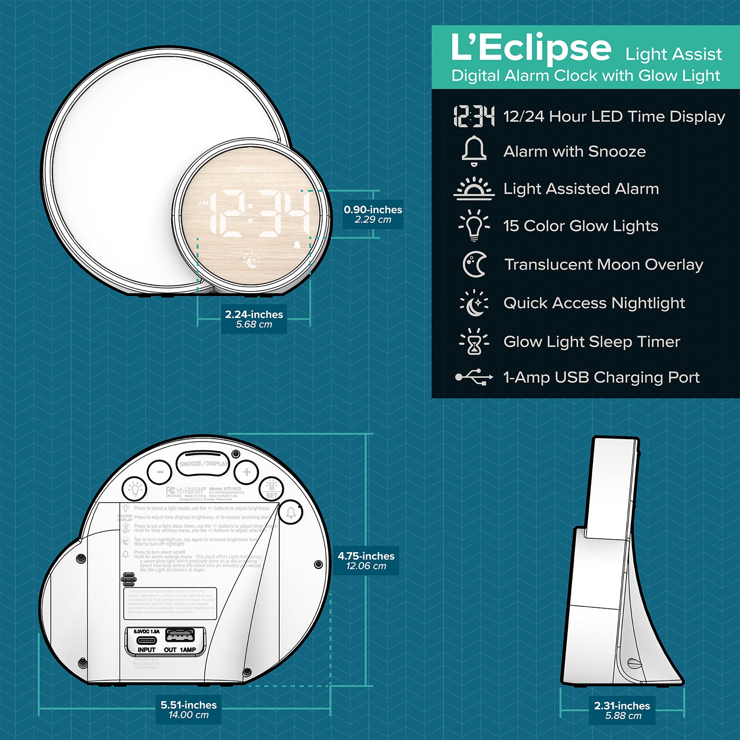 617-1412 L'Eclipse Light Assist Digital Alarm Clock with Glow Light