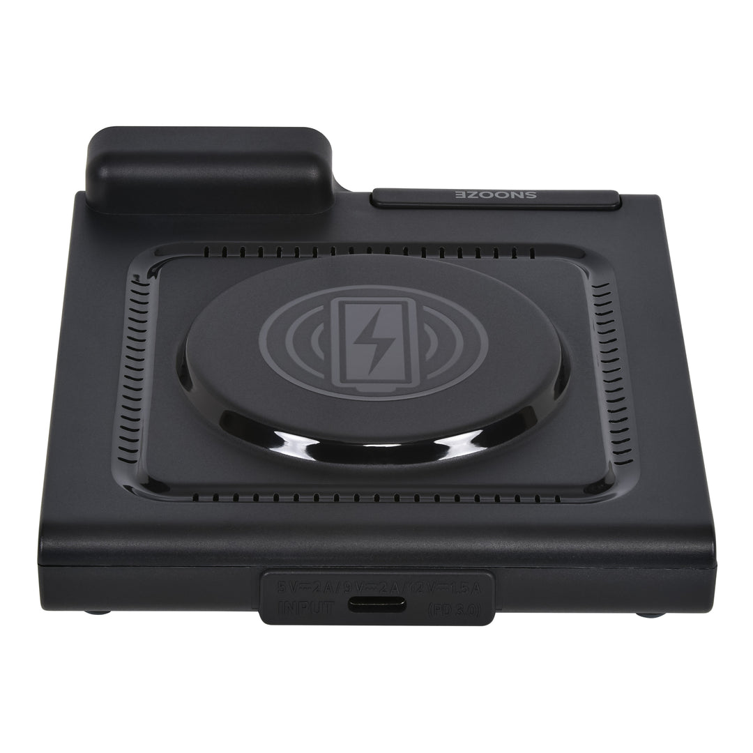 Back image of the 617-143 Amp Mini 15W Wireless Charging LED Alarm Clock showing the wireless charging pad and the USB-C power port.