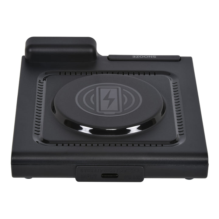 Back image of the 617-143 Amp Mini 15W Wireless Charging LED Alarm Clock showing the wireless charging pad and the USB-C power port.