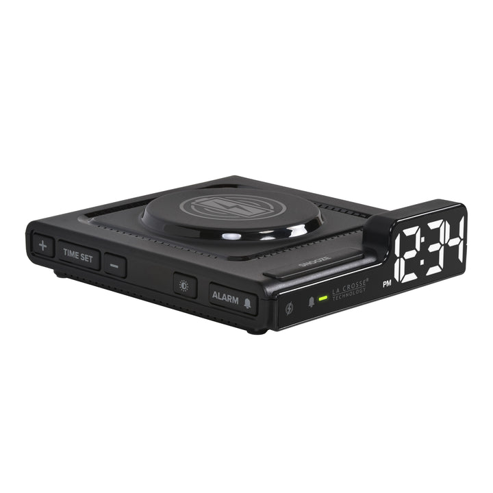Right-facing image of the 617-143 Amp Mini 15W Wireless Charging LED Alarm Clock. The alarm clock features a wireless charging pad, easy access buttons, an alarm with snooze, white time digits, and a LED status light.