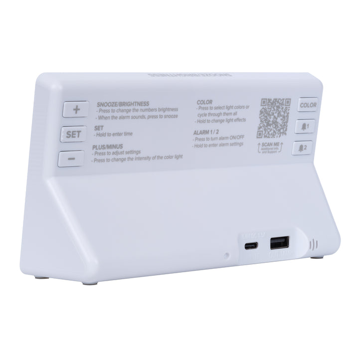 Back image of the 617-149 Digital Alarm with Color Changing Glow Light, showing the button functions, instruction text, the power source, and the charging port.