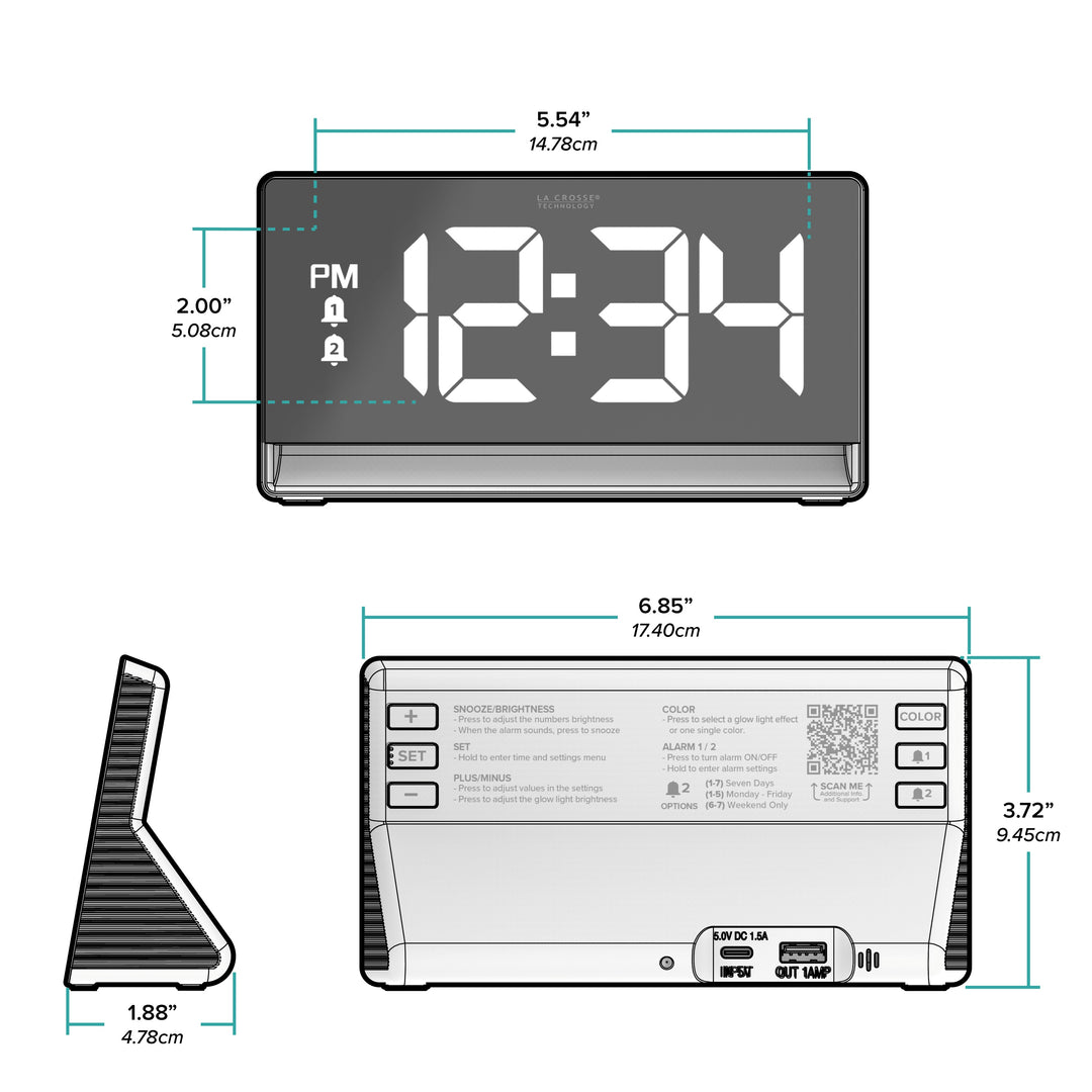 Orthographic drawing of the dimensions of the 617-149 Digital Alarm Clock with Color Changing Glow Light showing the measurements in inches and centimeters. The alarm clock is 6.85 in long, 1.88 in deep, and 3.72 in tall with 2.0 in digits.