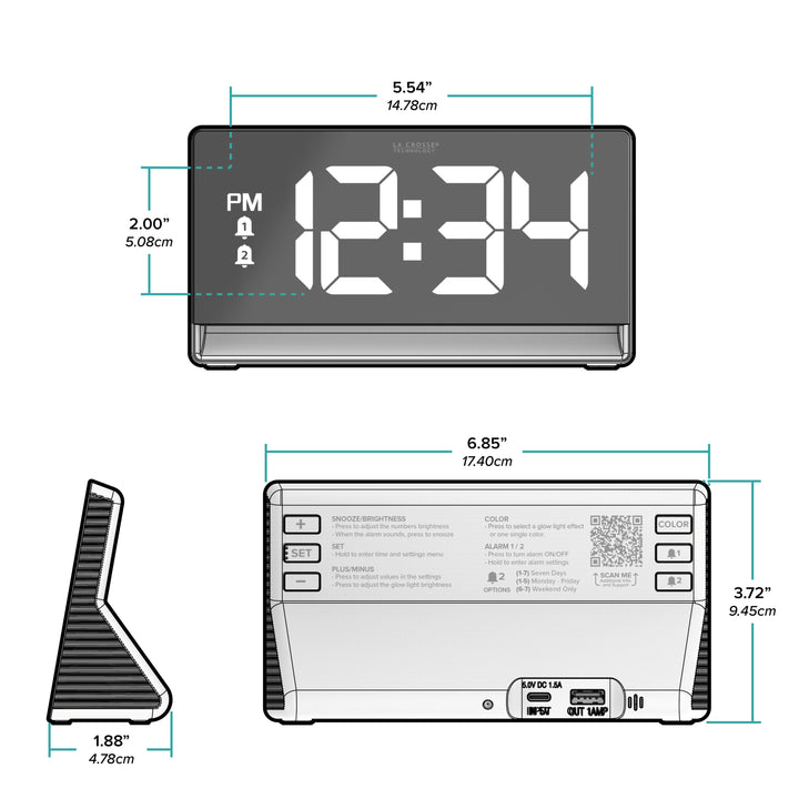 Orthographic drawing of the dimensions of the 617-149 Digital Alarm Clock with Color Changing Glow Light showing the measurements in inches and centimeters. The alarm clock is 6.85 in long, 1.88 in deep, and 3.72 in tall with 2.0 in digits.