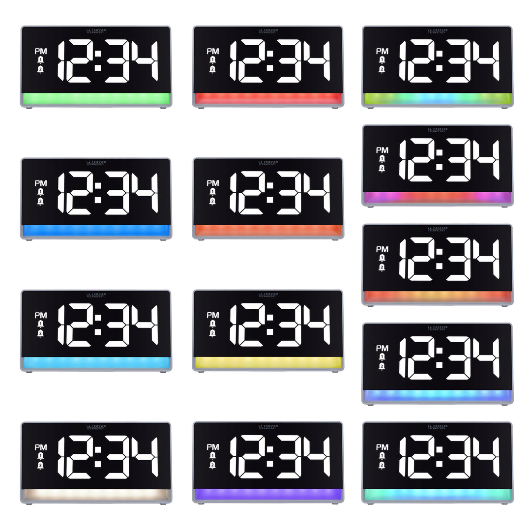 Glow light option image of the 617-149 Digital Alarm Clock with Color Changing Glow Light. The image shows the 8 stationalry solid colors and the 5 glow multi-color hues. The alarm clock features a white case, a color-changing bar as the base, and a black display with white digits.