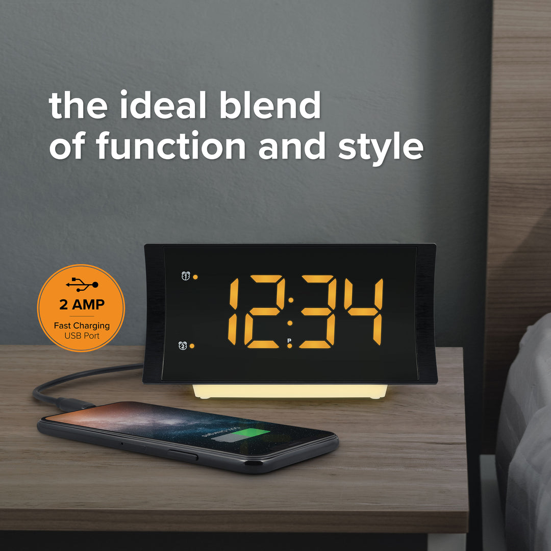 617-2410V3 Curved Amber Alarm Clock with Radio and USB Charging