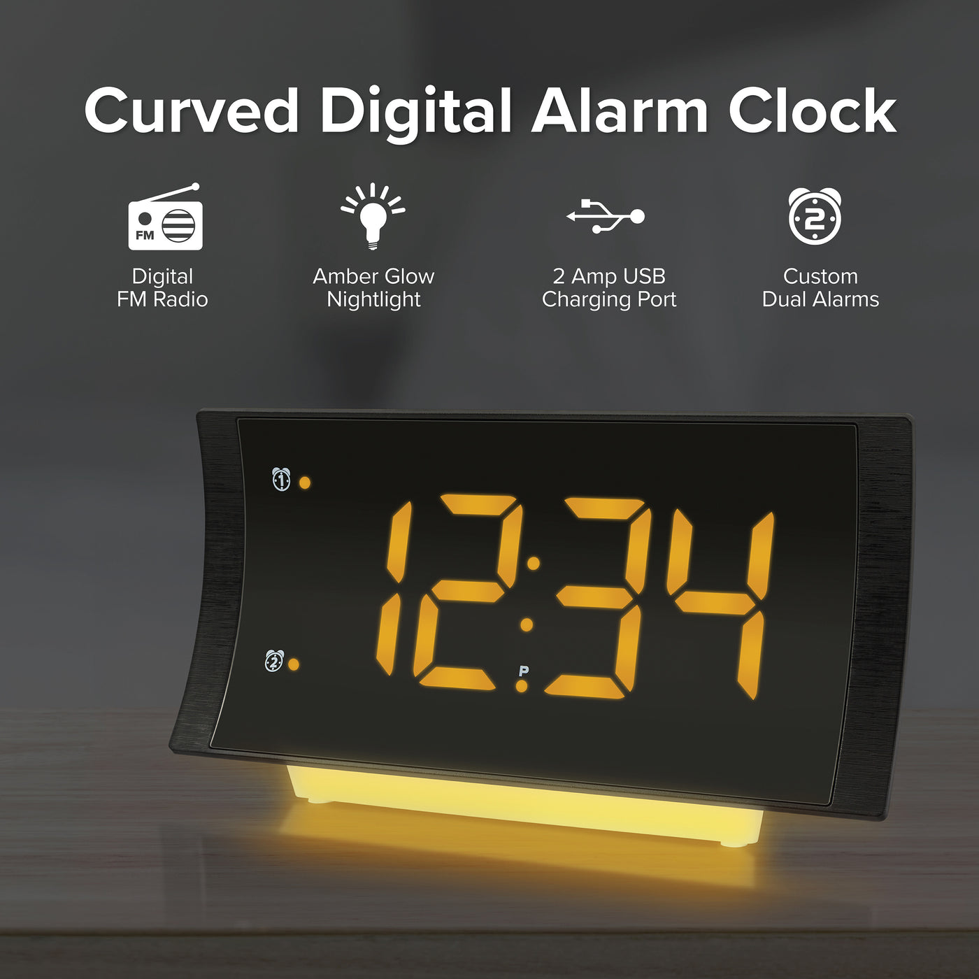 617-2410V3 Curved Amber Alarm Clock with Radio and USB Charging