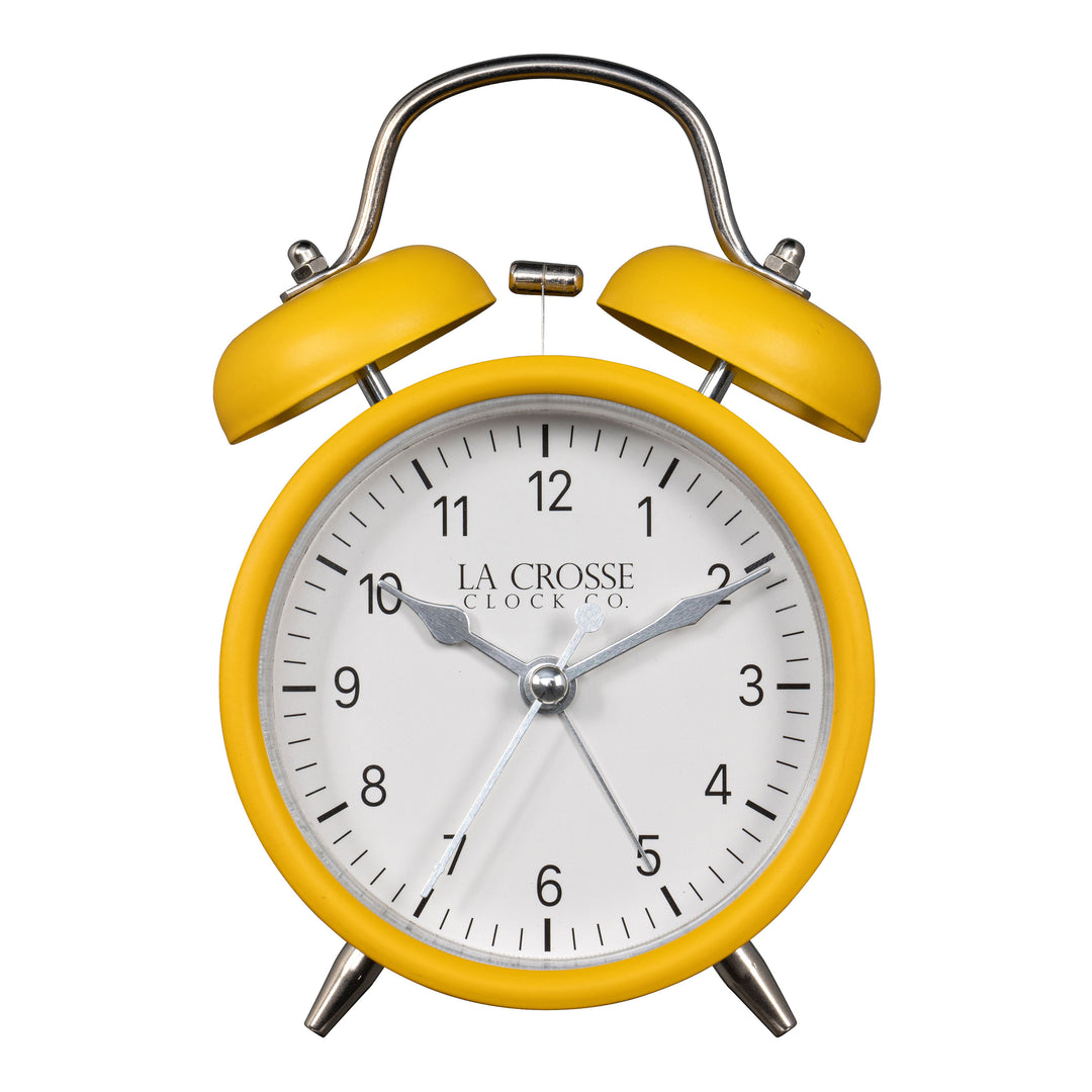 Head-on image of the 617-3314MY Metal Twin Bell Alarm Clock – Mustard Yellow, the clock features a white dial with black numbers, silver hands and accents, in a mustard yellow metal case.