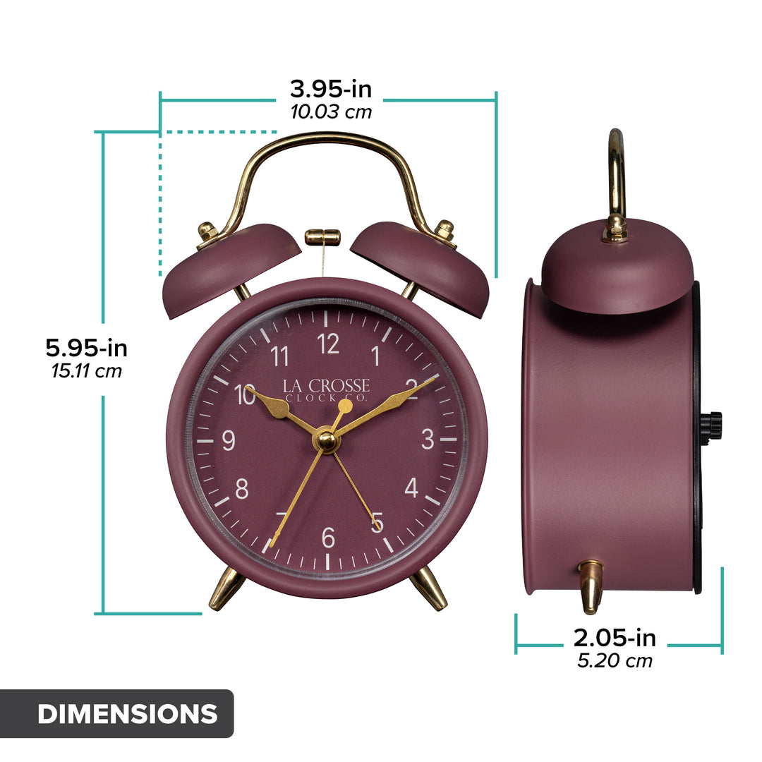 Dimension image of the 617-3314RR Metal Twin Bell Alarm Clock – Ruby Red, the clock features a ruby red dial with white numbers, gold hands and accents, in a ruby red metal case. The dimensions read 3.95 in wide and 5.95 in tall with a depth of 2.05 in.