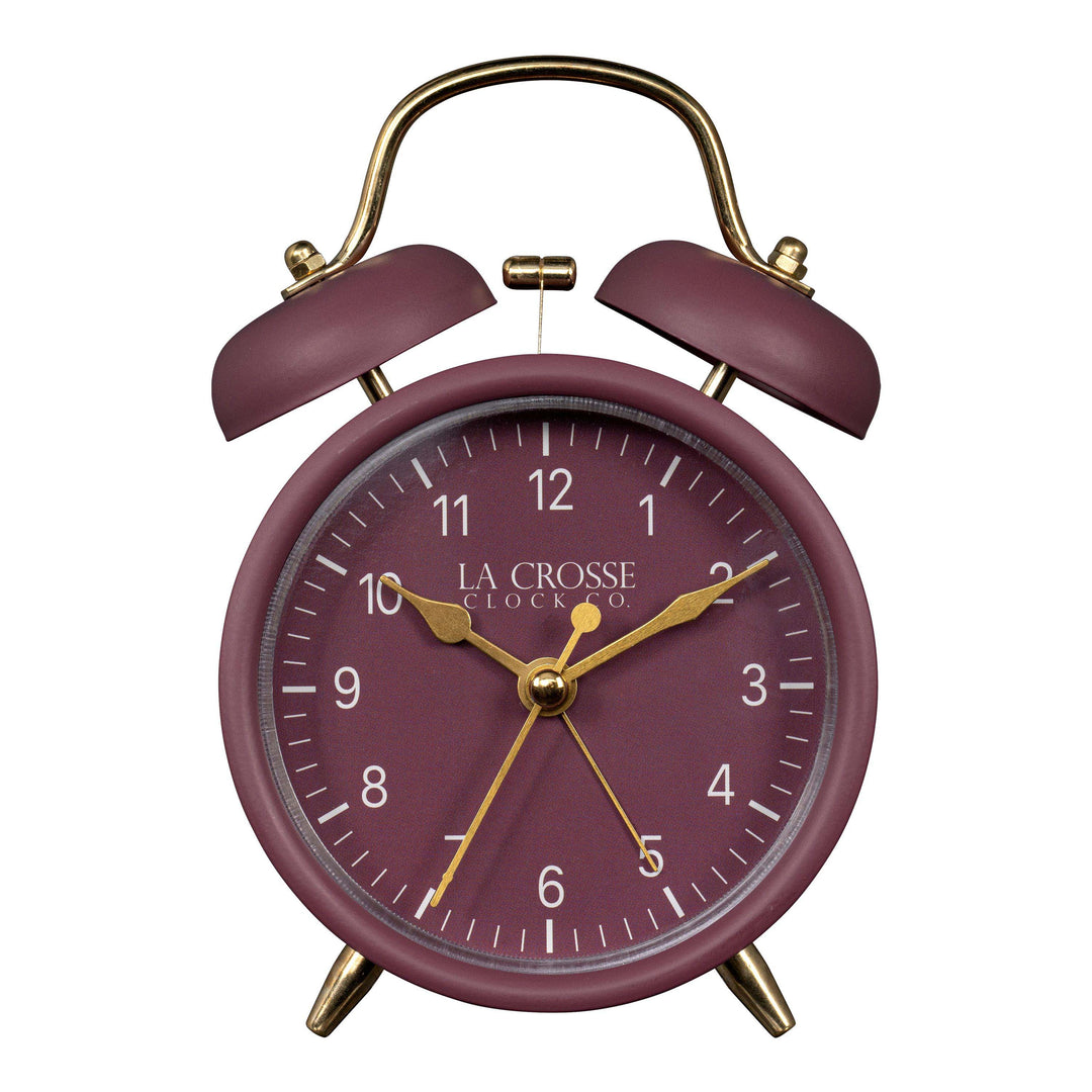 Head-on image of the 617-3314RR Metal Twin Bell Alarm Clock – Ruby Red, the clock features a ruby red dial with white numbers, gold hands and accents, in a ruby red metal case.