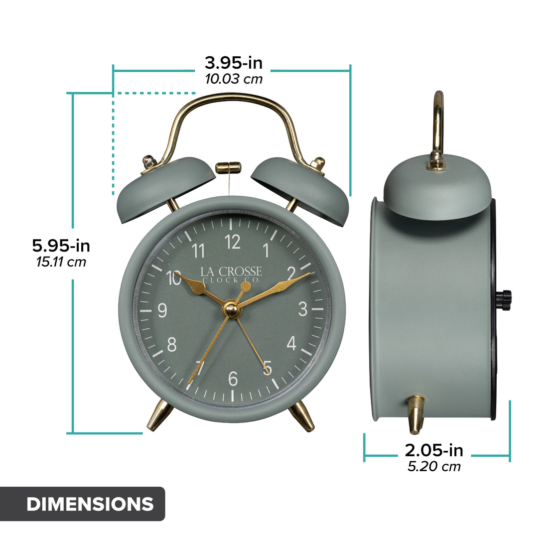 Dimension image of the 617-3314SG Metal Twin Bell Alarm Clock – Sage Green, the clock features a sage green dial with white numbers, gold hands and accents, in a sage green metal case. The dimensions read 3.95 in wide and 5.95 in tall with a depth of 2.05 in.