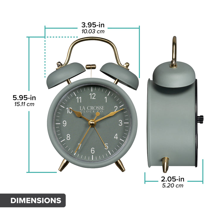 Dimension image of the 617-3314SG Metal Twin Bell Alarm Clock – Sage Green, the clock features a sage green dial with white numbers, gold hands and accents, in a sage green metal case. The dimensions read 3.95 in wide and 5.95 in tall with a depth of 2.05 in.