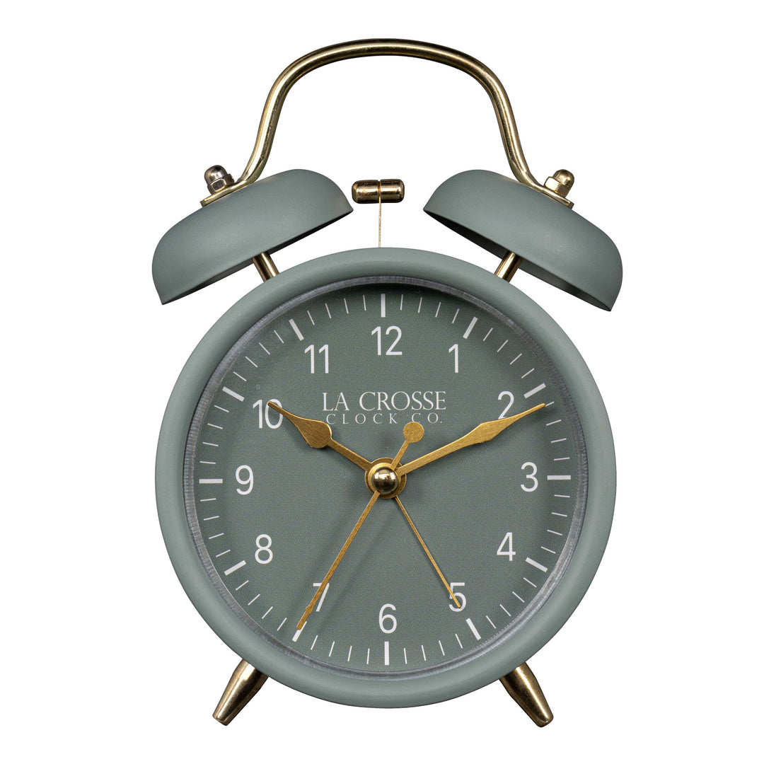 Head-on image of the 617-3314SG Metal Twin Bell Alarm Clock – Sage Green, the clock features a sage green dial with white numbers, gold hands and accents, in a sage green metal case.