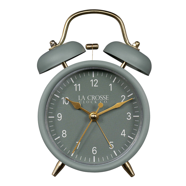 Head-on image of the 617-3314SG Metal Twin Bell Alarm Clock – Sage Green, the clock features a sage green dial with white numbers, gold hands and accents, in a sage green metal case.