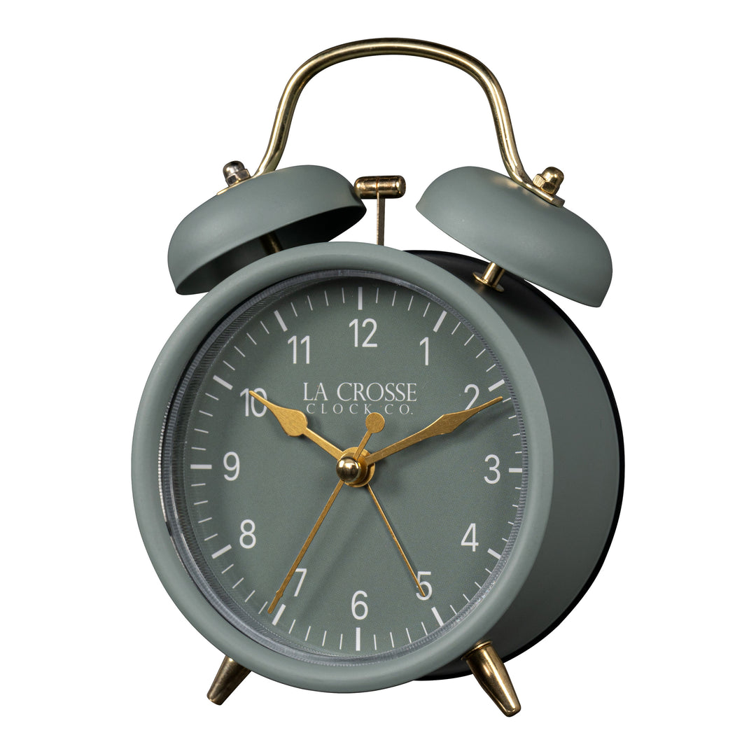 Left-facing image of the 617-3314SG Metal Twin Bell Alarm Clock – Sage Green, the clock features a sage green dial with white numbers, gold hands and accents, in a sage green metal case.