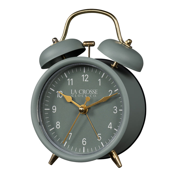 Left-facing image of the 617-3314SG Metal Twin Bell Alarm Clock – Sage Green, the clock features a sage green dial with white numbers, gold hands and accents, in a sage green metal case.
