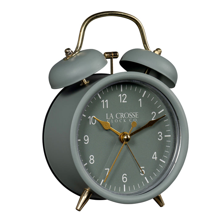 Right-facing image of the 617-3314SG Metal Twin Bell Alarm Clock – Sage Green, the clock features a sage green dial with white numbers, gold hands and accents, in a sage green metal case.