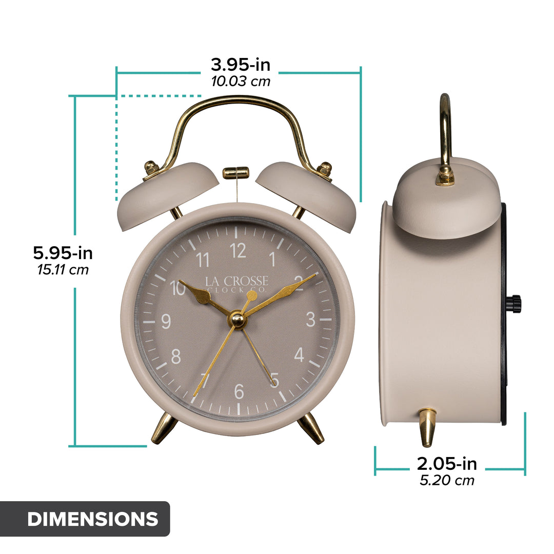 Dimension image of the 617-3314TP Metal Twin Bell Alarm Clock – Taupe, the clock features a taupe dial with white numbers, gold hands and accents, in a taupe metal case. The dimensions read 3.95 in wide and 5.95 in tall with a depth of 2.05 in.