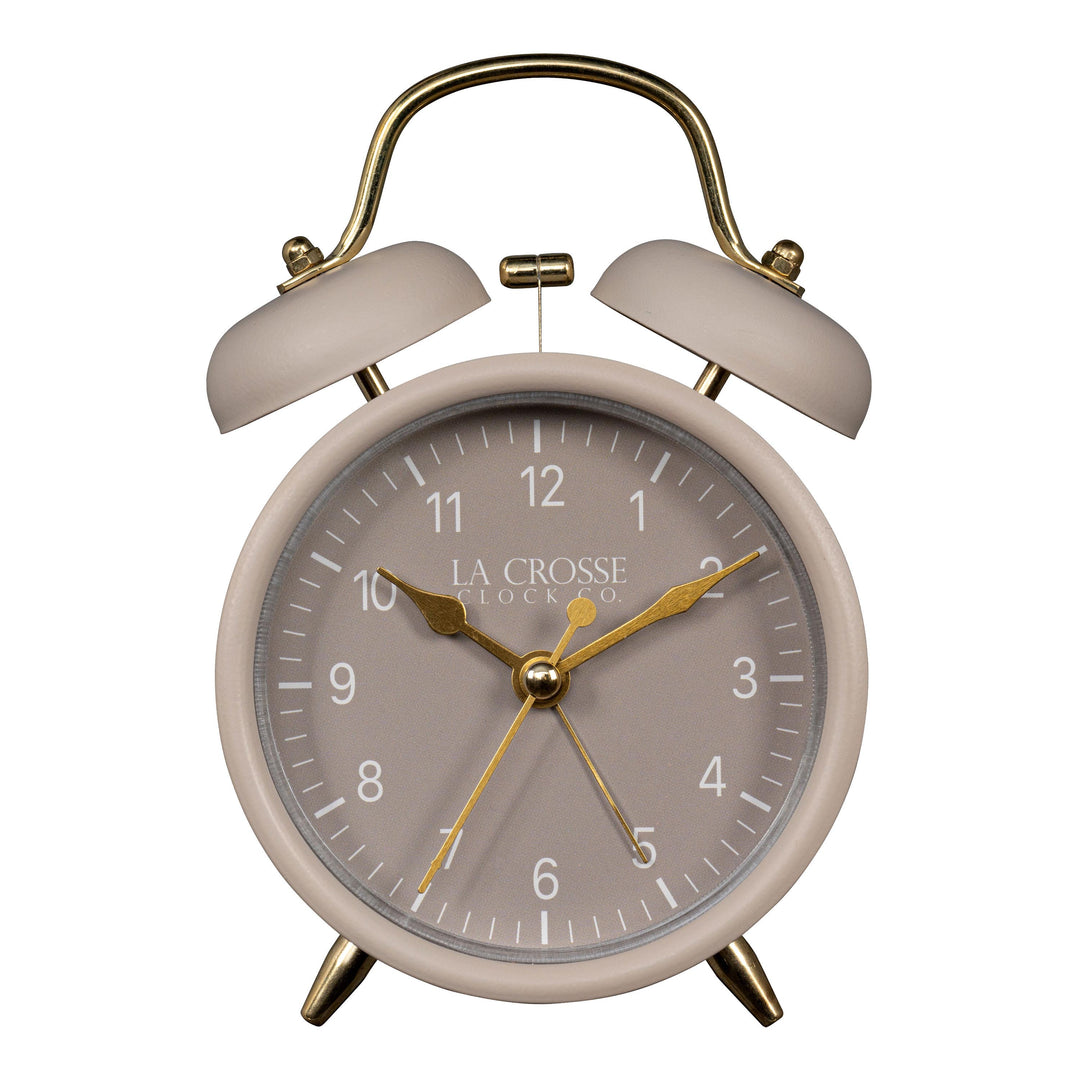 Head-on image of the 617-3314TP Metal Twin Bell Alarm Clock – Taupe, the clock features a taupe dial with white numbers, gold hands and accents, in a taupe metal case.