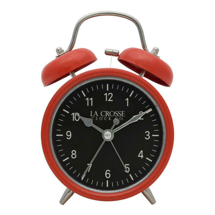 Head-on image of the 617-3314 Metal Twin Bell Alarm Clock – Red, the clock features a black dial with white numbers, silver hands and accents, in a red metal case