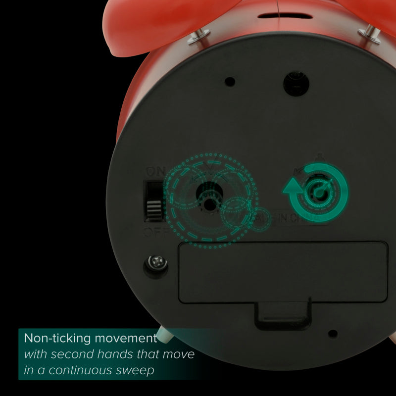 Enhanced content image of the back of the 617-3314 Metal Twin Bell Alarm Clock. The image includes text highlighting the Silent Sweep Quartz movement feature of this clock and visual call-outs of the time and alarm knobs