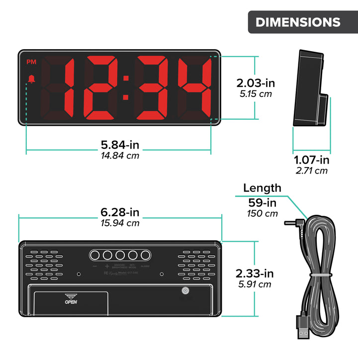 Orthographic image of the 617-546 2.0-inch Red LED Alarm Clock with indoor temperature. The image shows the dimensions of the alarm clock in inches and centimeters. The alarm measures 6.28 inches long, 1.07 inches deep, and 2.33 inches high. Additional dimensions of the screen size and the 59-inch power cord.