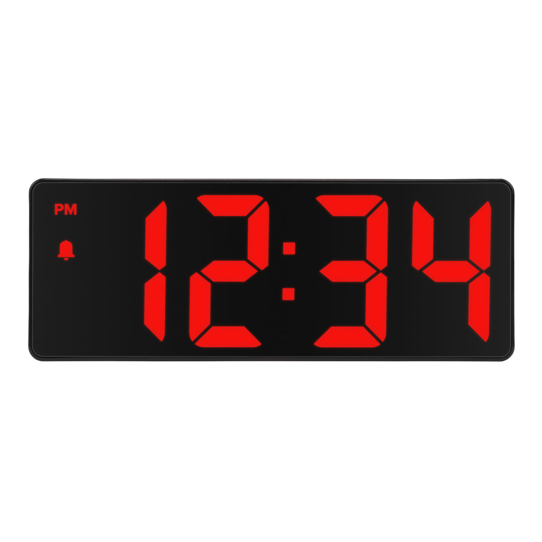 Head-on image of the 617-546 2.0-inch Red LED Alarm Clock with indoor temperature showing time at 12:34pm and features 2-inch time digits, with alarm and PM indicators.