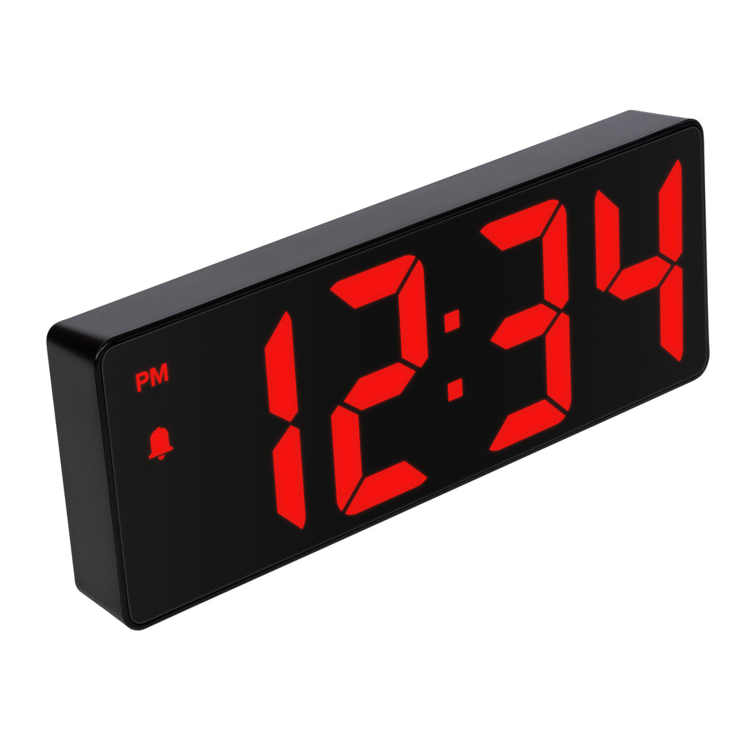 Top view right-facing image of the 617-546 2.0-inch Red LED Alarm Clock with indoor temperature features 2-inch time digits, with alarm and PM indicators.