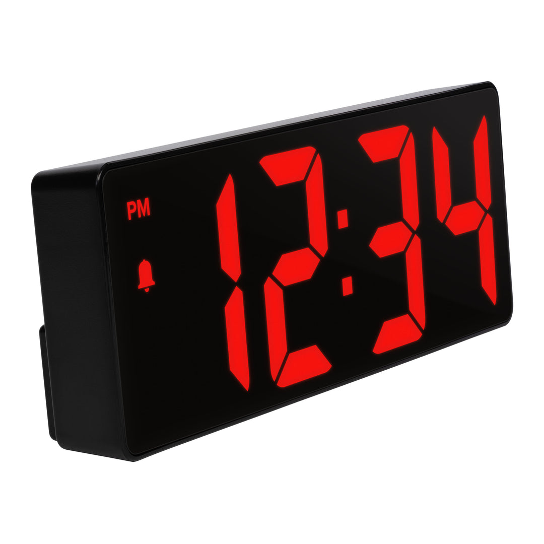 Right-facing angled image of the 617-546 2.0-inch Red LED Alarm Clock with indoor temperature features 2-inch time digits, with alarm and PM indicators.