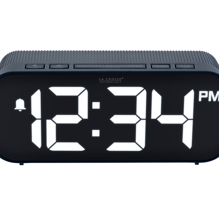 Close-up image of the buttons of the 617-714BL Insta-Set Digital LED Alarm Clock with Bluetooth® Technology - Navy. The alarm clock features large white digits, a PM indicator, and an alarm icon in a navy blue case.