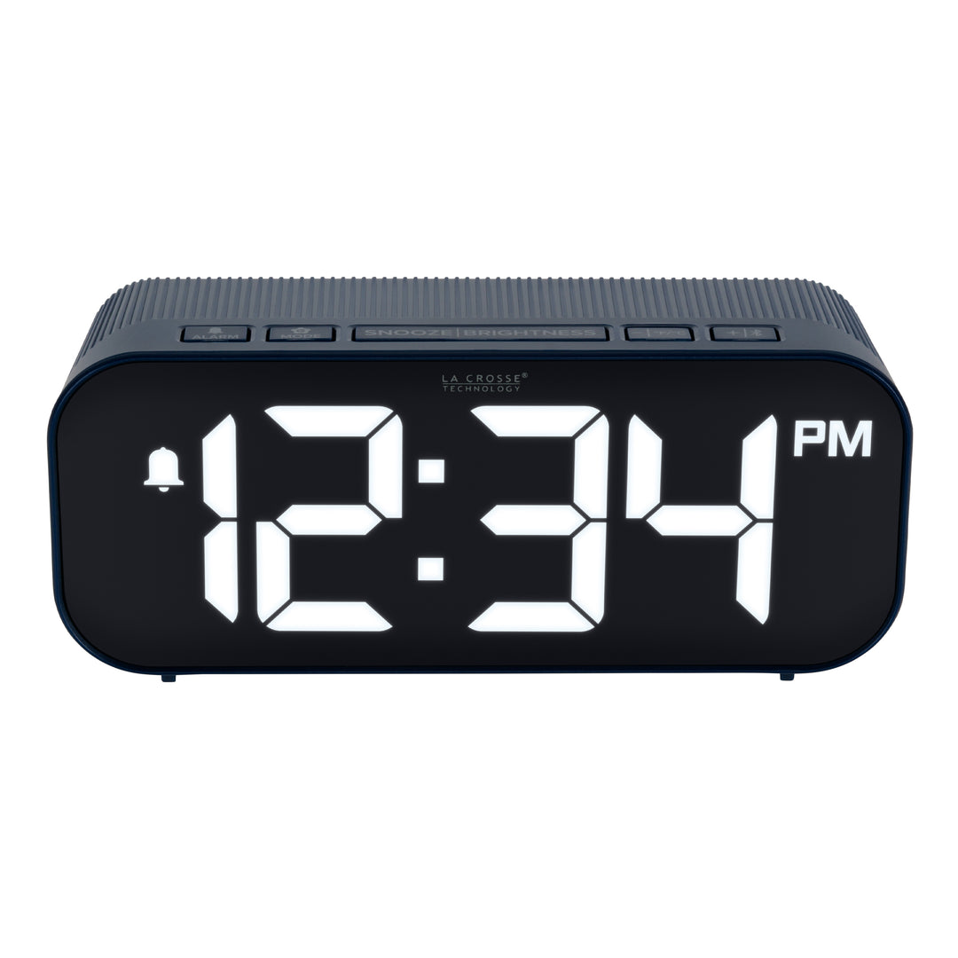 Top view image of the five buttons of the 617-714BL Insta-Set Digital LED Alarm Clock with Bluetooth® Technology - Navy. The alarm clock features large white digits, a PM indicator, and an alarm icon in a navy blue case.