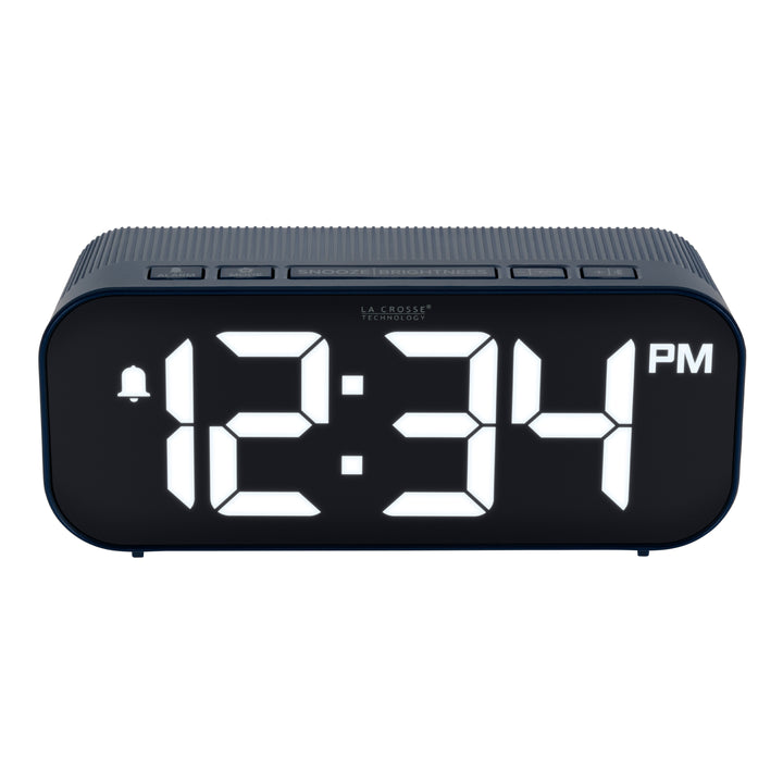 Top view image of the five buttons of the 617-714BL Insta-Set Digital LED Alarm Clock with Bluetooth® Technology - Navy. The alarm clock features large white digits, a PM indicator, and an alarm icon in a navy blue case.