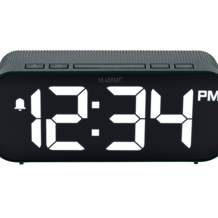 Close-up image of the buttons of the 617-714G Insta-Set Digital LED Alarm Clock with Bluetooth® Technology - Green. The alarm clock features large white digits, a PM indicator, and an alarm icon in a green case.