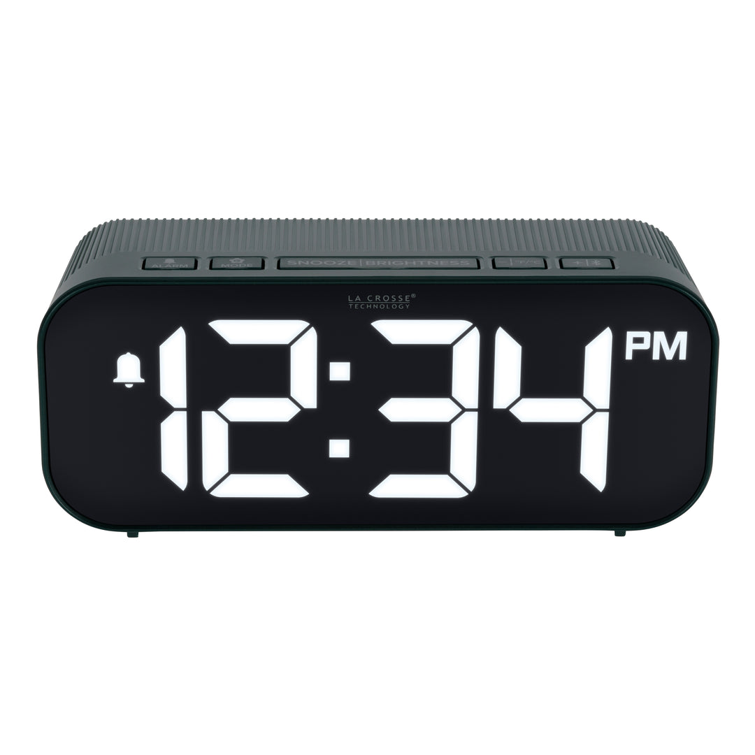 Top view image of the five buttons of the 617-714G Insta-Set Digital LED Alarm Clock with Bluetooth® Technology - Green. The alarm clock features large white digits, a PM indicator, and an alarm icon in a green case.