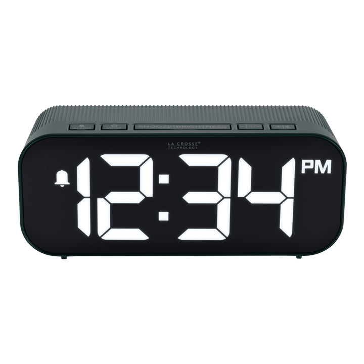 Top view image of the five buttons of the 617-714G Insta-Set Digital LED Alarm Clock with Bluetooth® Technology - Green. The alarm clock features large white digits, a PM indicator, and an alarm icon in a green case.
