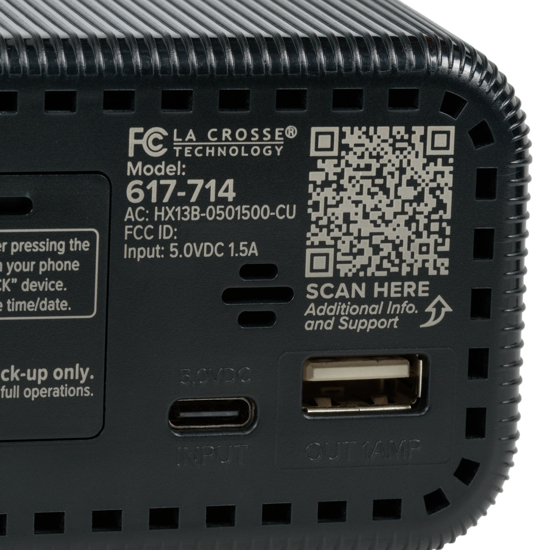Close-up image of back of the 617-714 Insta-Set Digital LED Alarm Clock with Bluetooth® Technology in Black, showing the USB-C power port, the USB-A charging port, and a WR code for support.