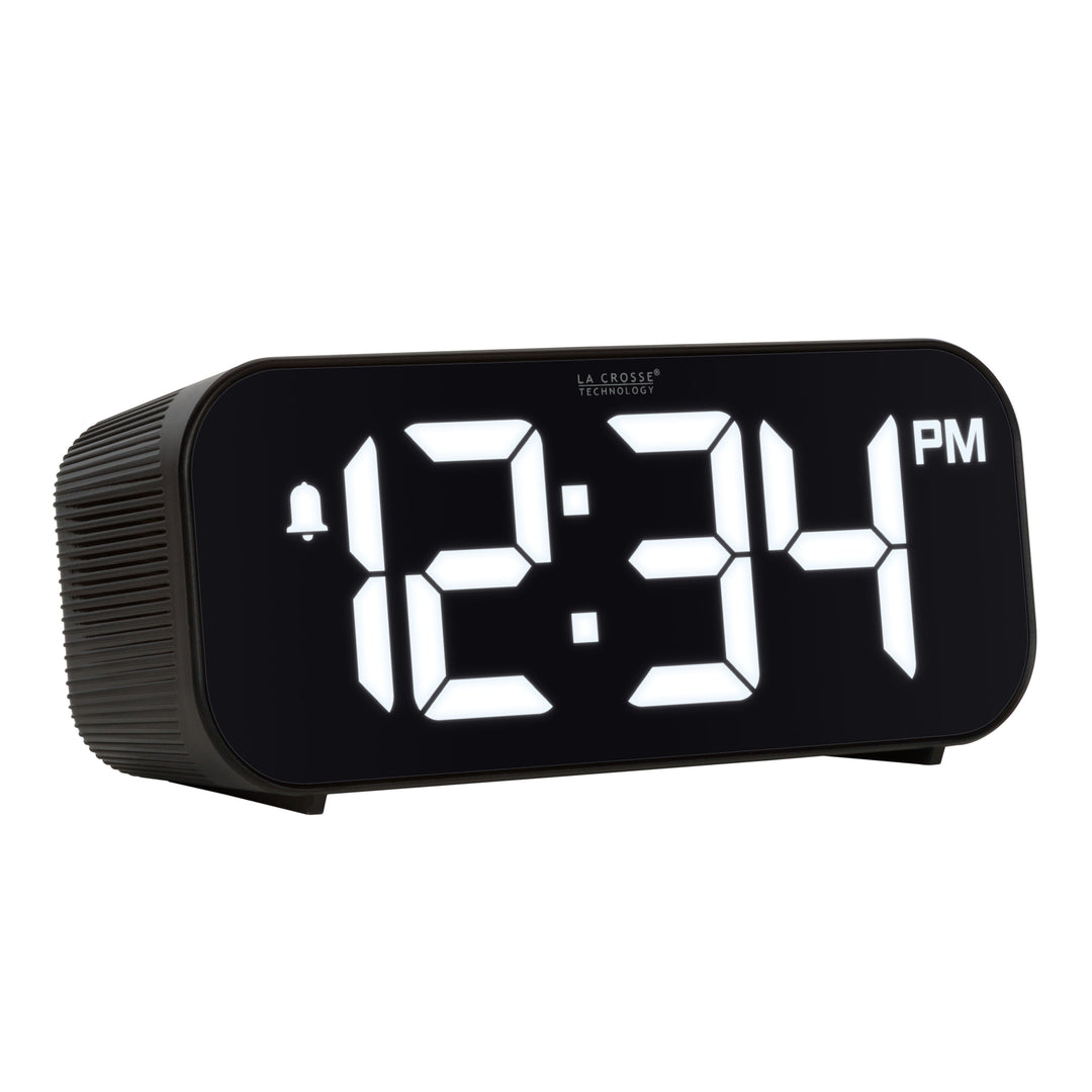 Right-facing image of the 617-714 Insta-Set Digital LED Alarm Clock with Bluetooth® Technology - Black. The alarm clock features large white digits, a PM indicator, and an alarm icon in a black case.