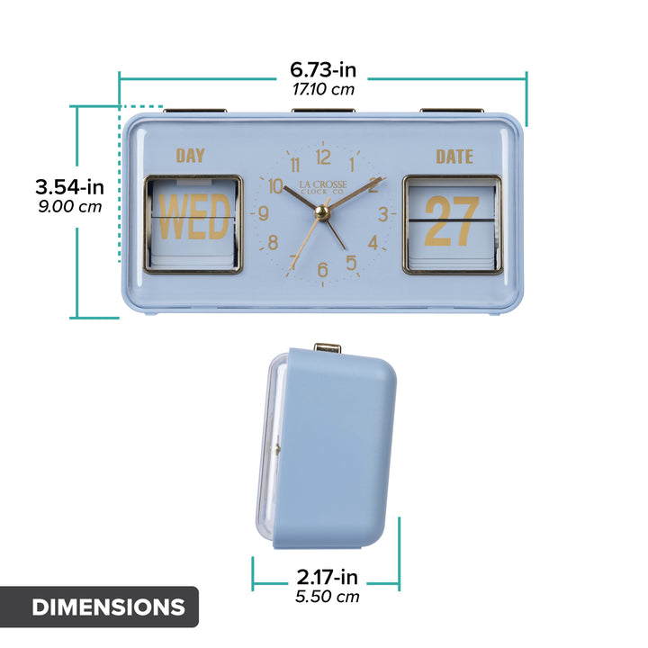 Orthographic image of the 636-379BL Daily Flip Tabletop Clock with Calendar – Blue showing the dimensions 3.54 inches tall, 6.73 inches long, and 2.17 inches in depth.