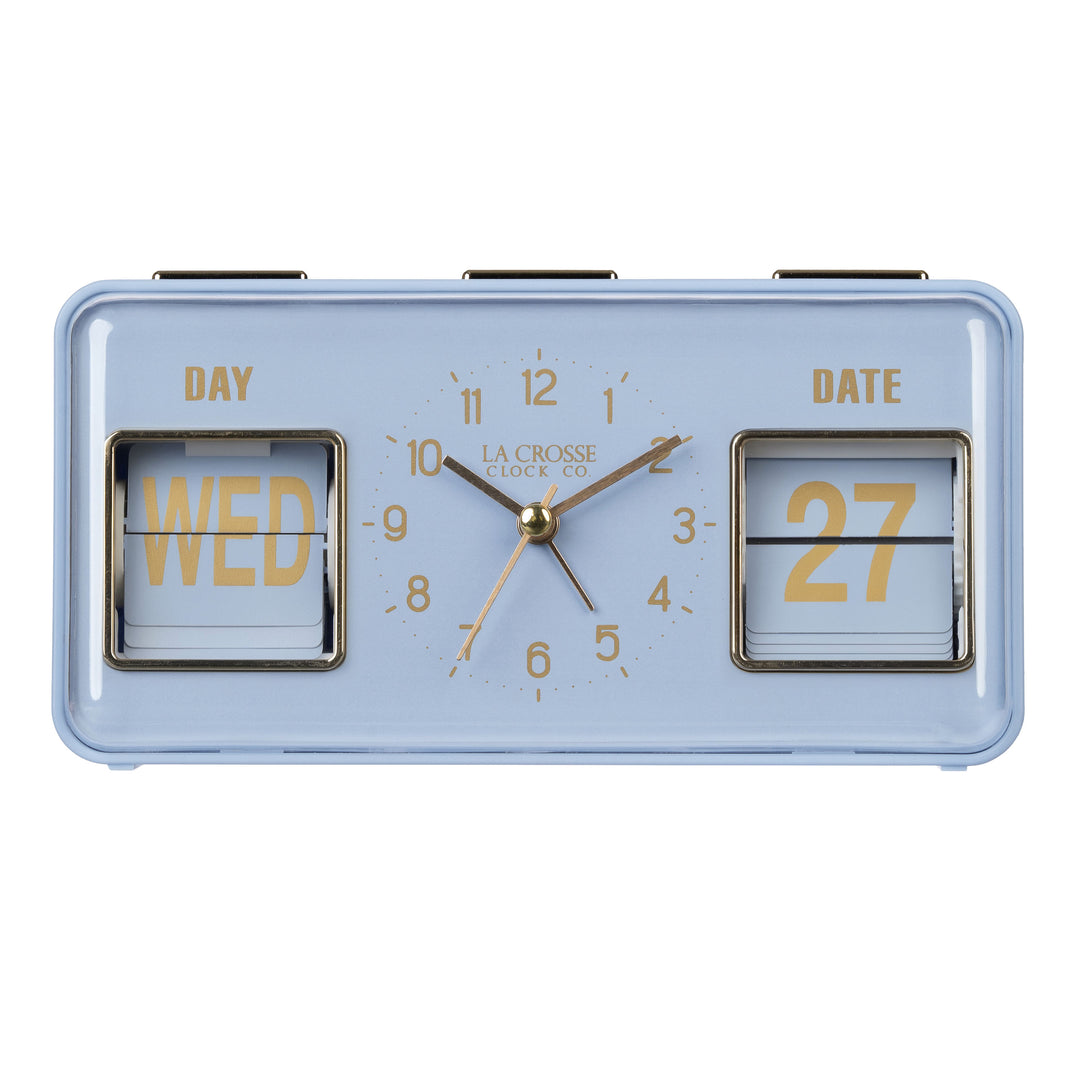 Head-on image of the 636-379BL Daily Flip Tabletop Clock with Calendar – Blue, featuring a retro design rectangular analog clock with brass numbers, hour, minute, and second hands, and a day and date calendar with manual flip cards with brass text.