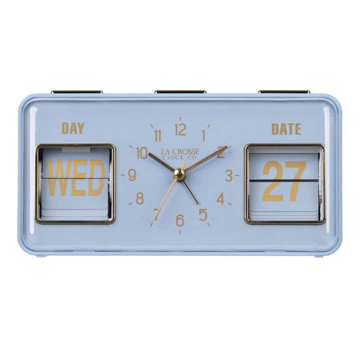 Head-on image of the 636-379BL Daily Flip Tabletop Clock with Calendar – Blue, featuring a retro design rectangular analog clock with brass numbers, hour, minute, and second hands, and a day and date calendar with manual flip cards with brass text.