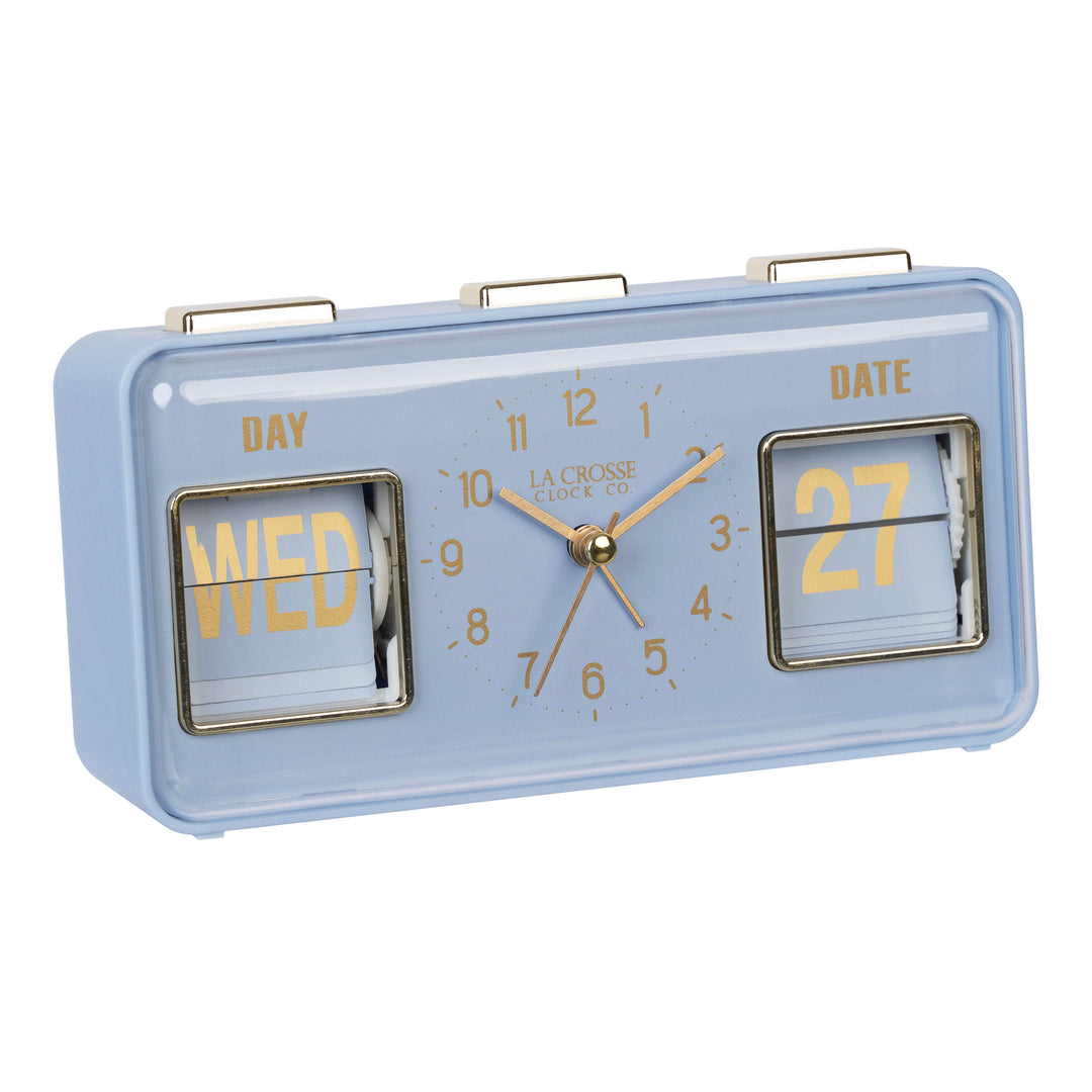 Right-facing image highlighting the buttons of the 636-379BL Daily Flip Tabletop Clock with Calendar – Blue, featuring a retro design rectangular analog clock with brass numbers, hour, minute, and second hands, and a day and date calendar with manual flip cards with brass text.