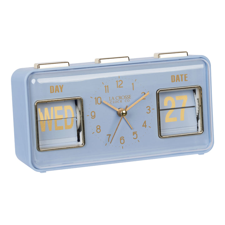 Right-facing image highlighting the buttons of the 636-379BL Daily Flip Tabletop Clock with Calendar – Blue, featuring a retro design rectangular analog clock with brass numbers, hour, minute, and second hands, and a day and date calendar with manual flip cards with brass text.
