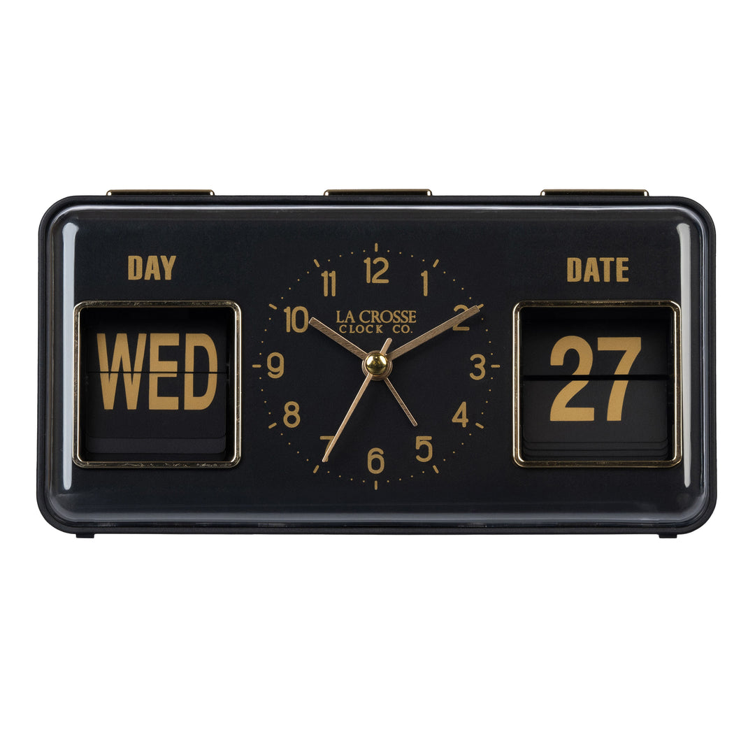 Head-on image of the 636-379B Daily Flip Tabletop Clock with Calendar – Black, featuring a retro design rectangular analog clock with brass numbers, hour, minute, and second hands, and a day and date calendar with manual flip cards with brass text.