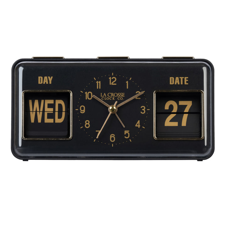 Head-on image of the 636-379B Daily Flip Tabletop Clock with Calendar – Black, featuring a retro design rectangular analog clock with brass numbers, hour, minute, and second hands, and a day and date calendar with manual flip cards with brass text.
