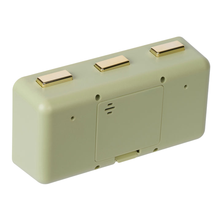 Angled back image of the 636-379G Daily Flip Tabletop Clock with Calendar – Green, showing the battery compartment with the cover in place, and the three brass buttons to operate the calendar and the alarm.