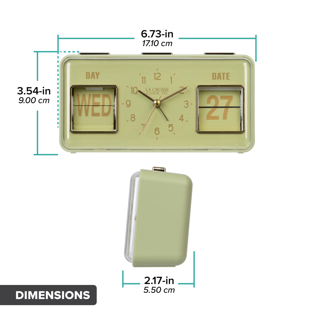 Orthographic image of the 636-379G Daily Flip Tabletop Clock with Calendar – Green showing the dimensions 3.54 inches tall, 6.73 inches long, and 2.17 inches in depth.