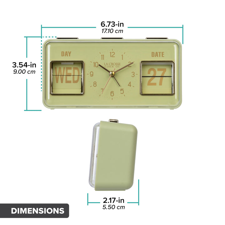 Orthographic image of the 636-379G Daily Flip Tabletop Clock with Calendar – Green showing the dimensions 3.54 inches tall, 6.73 inches long, and 2.17 inches in depth.