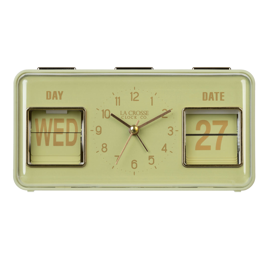 Head-on image of the 636-379G Daily Flip Tabletop Clock with Calendar – Green, featuring a retro design rectangular analog clock with brass numbers, hour, minute, and second hands, and a day and date calendar with manual flip cards with brass text.