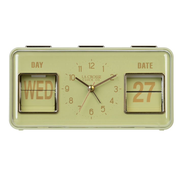 Head-on image of the 636-379G Daily Flip Tabletop Clock with Calendar – Green, featuring a retro design rectangular analog clock with brass numbers, hour, minute, and second hands, and a day and date calendar with manual flip cards with brass text.