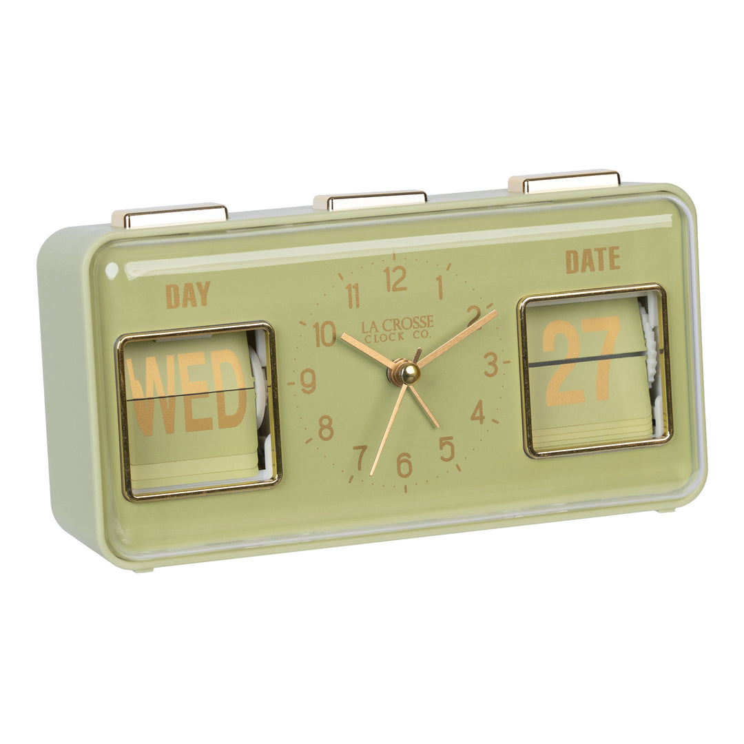 Right-facing image highlighting the buttons of the 636-379G Daily Flip Tabletop Clock with Calendar – Green, featuring a retro design rectangular analog clock with brass numbers, hour, minute, and second hands, and a day and date calendar with manual flip cards with brass text.